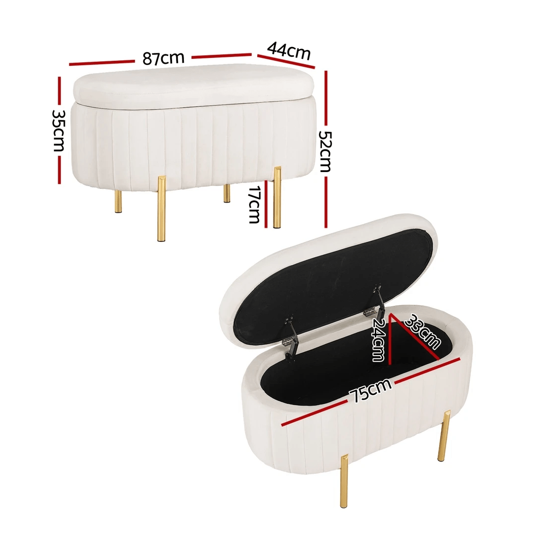 2 Artiss Storage Ottoman Blanket Box 87cm Velvet Oval - White, 2 of 6