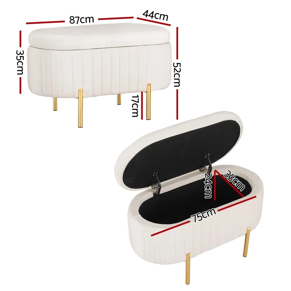 2 Artiss Storage Ottoman Blanket Box 87cm Velvet Oval - White, 2 of 5