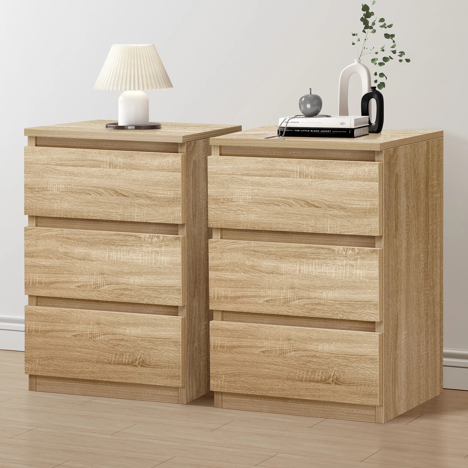 1 Alfordson 2x Bedside Table Nightstand 3 Drawers Side End Table Wood - Oak, 1 of 9