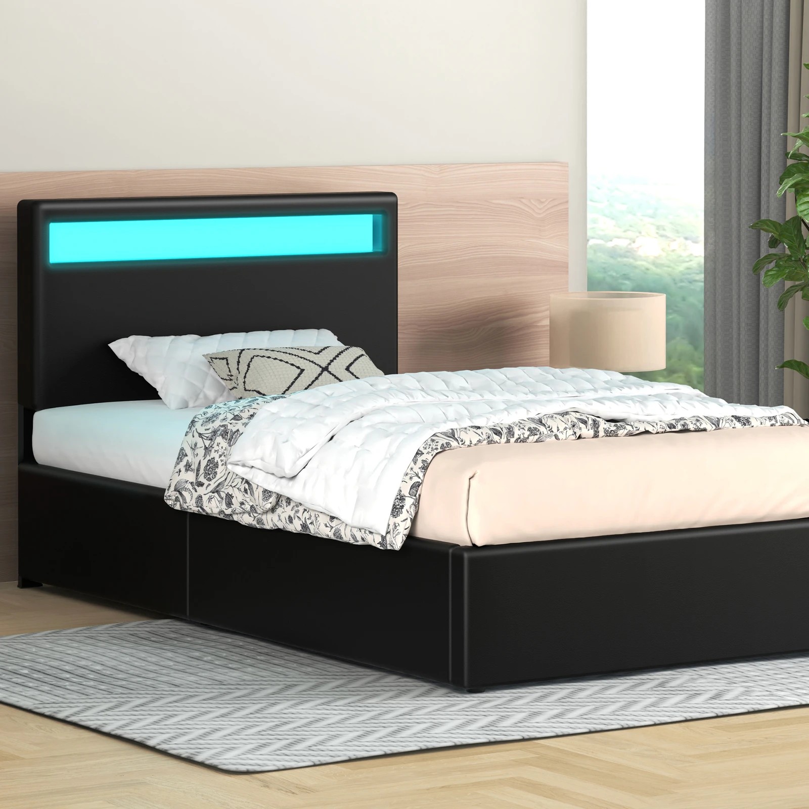 2 Alfordson Bed Frame Single Size RGB LED Gas Lift Storage Base Luchino - Black, 2 of 10