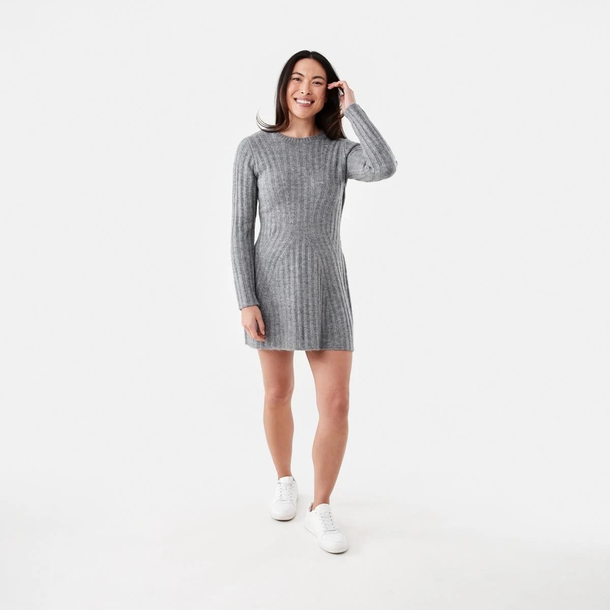 7 Long Sleeve Rib True Knit Skater Mini Dress Grey Marle, 7 of 7