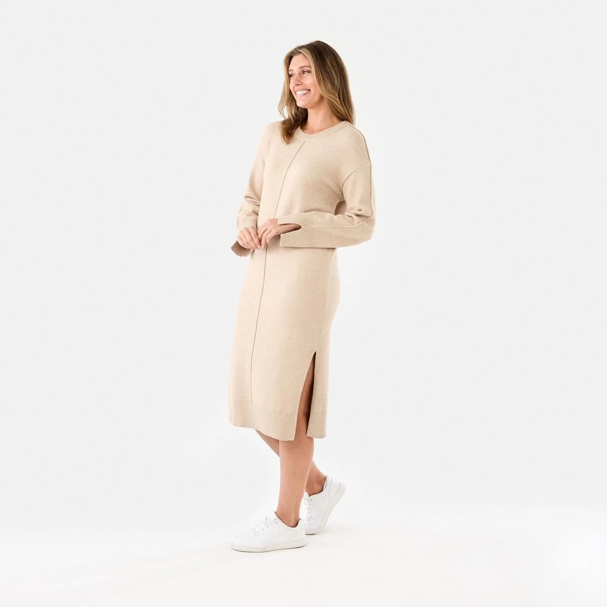 2 Long Sleeve Crew Neck Seam Detail True Knit Midi Dress Beige Marl, 2 of 6