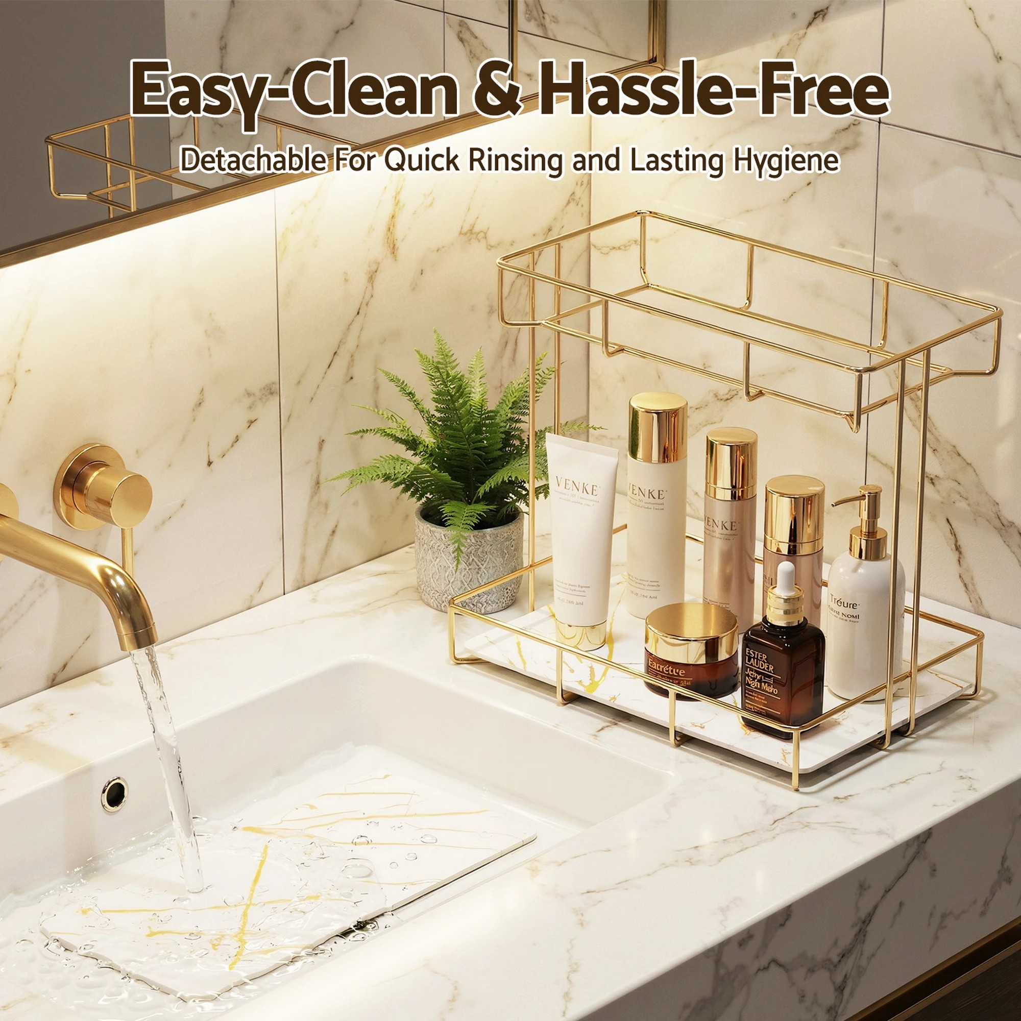 6 Artiss Bathroom Storage Rack 2 Tier Corner Organiser Gold Marble Look - Gold, 6 of 7