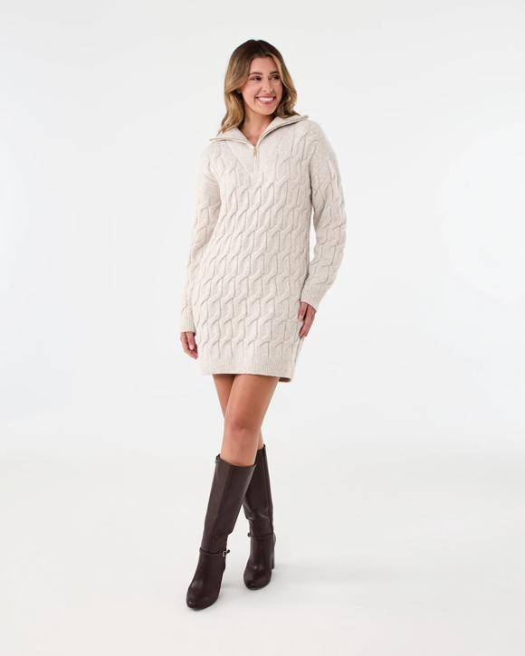 Long Sleeve Cable Knit Half Zip Mini Dress - Kmart