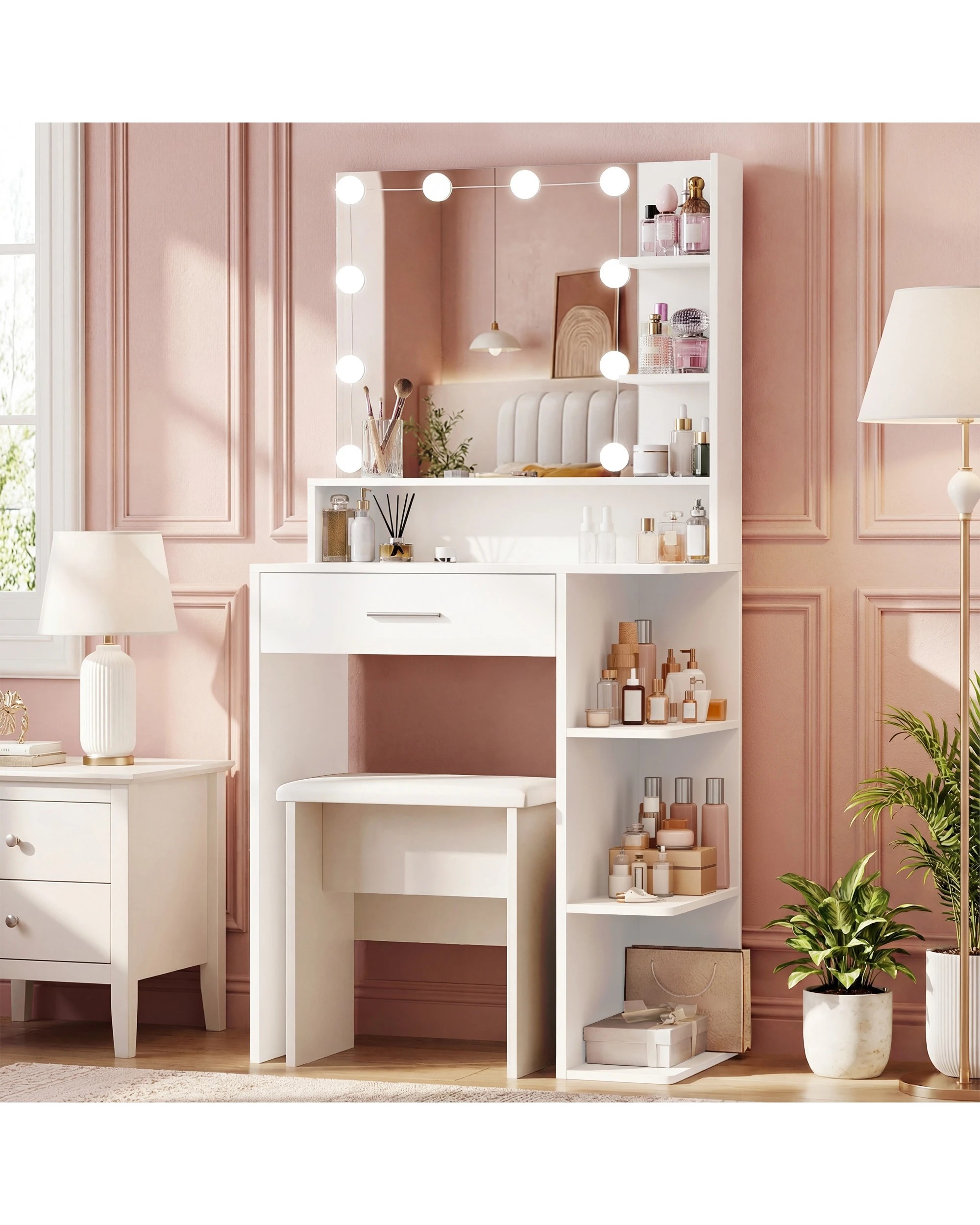 2 Advwin Dressing Table Stool Set LED Light Glass Top - Black, 2 of 9