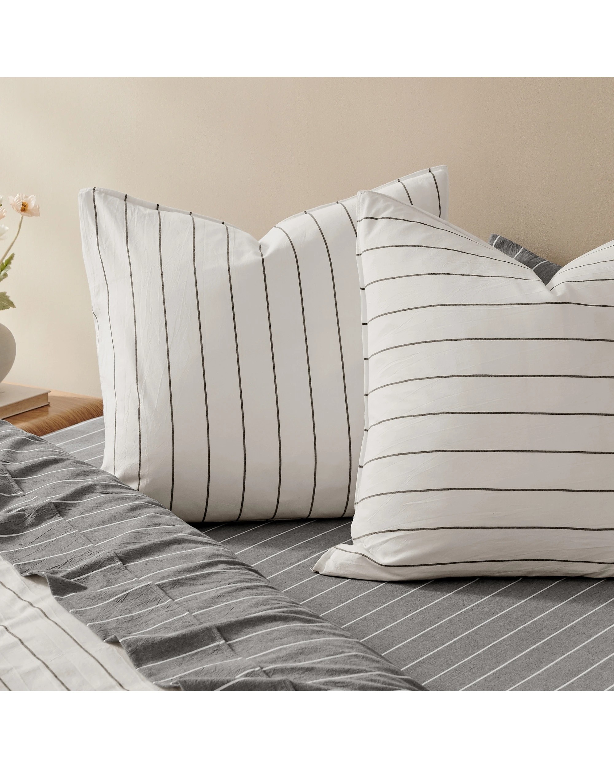 3 Dreamaker Rumi Stripe Washed Cotton Reversible European Pillowcase Twin Pack - White with Graphite, 3 of 4