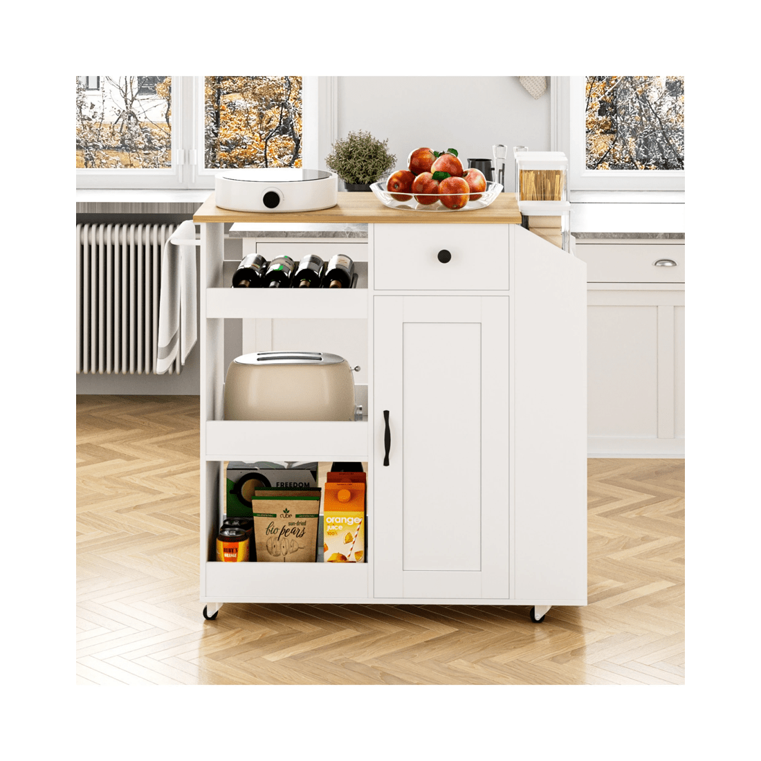 8 Advwin Kitchen Island Cart on Wheels with Charging Station Adjustable Shelves Wine Rack& Wood Top - White, 8 of 8