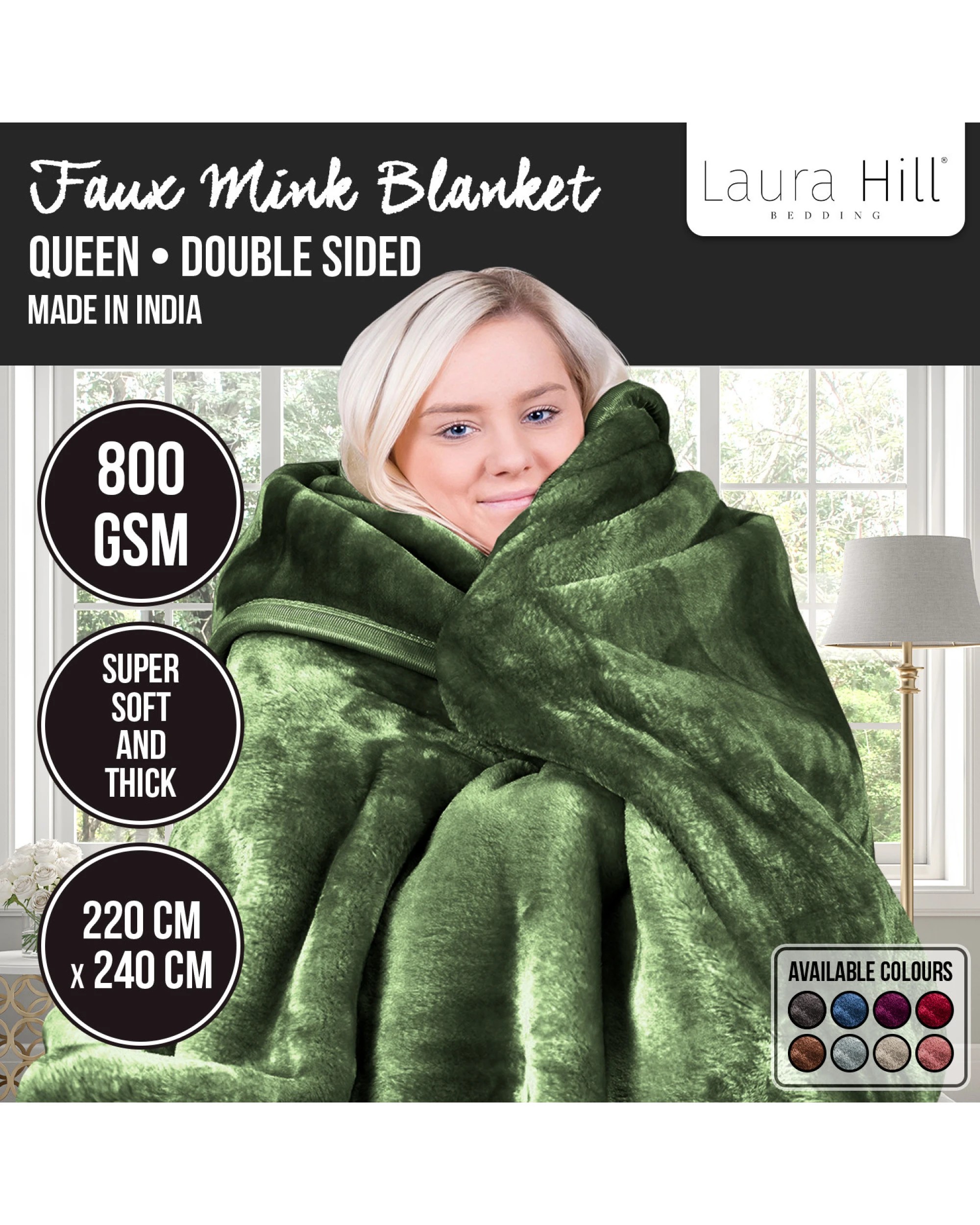 10 Laura Hill 800-gsm Mink Blanket Double-sided Soft Plush Bed Faux Throw Rug Green
 - Queen Bed, 10 of 10