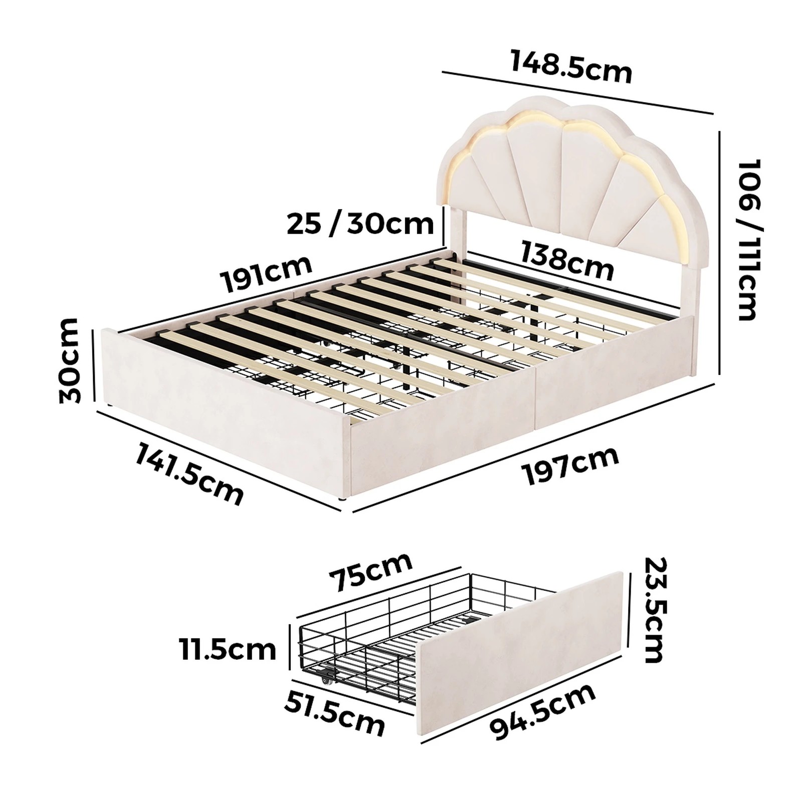 2 Oikiture Double Size Bed Frame LED Shell Headboard with Drawers - Beige, 2 of 6
