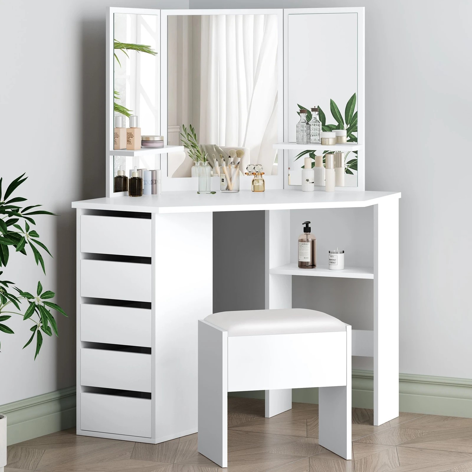 8 Alfordson Dressing Table Stool Set Makeup Tri-fold Mirror Vanity Desk - White, 8 of 10