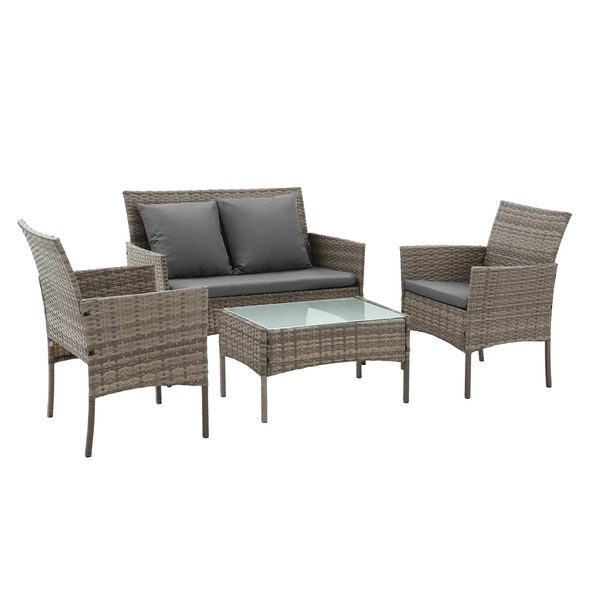 1 Gardeon 4-Piece Outdoor Sofa Set with Two Pillows Rattan Furniture Coffee Table and Chair Set - Grey, 1 of 8
