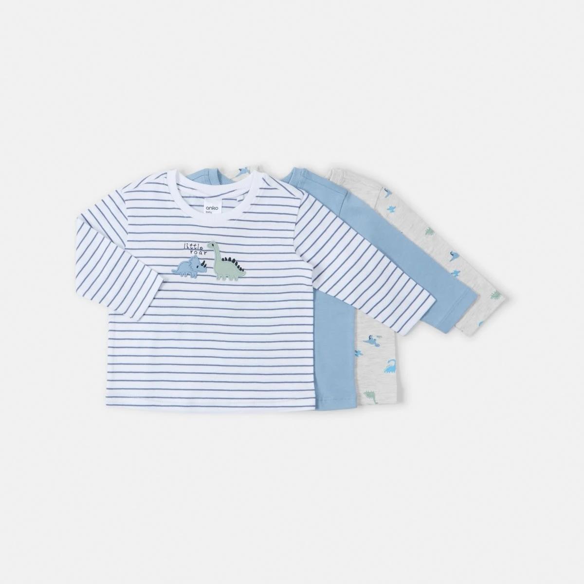 1 3 Pack Long Sleeve T-shirts Blu Dino, 1 of 8