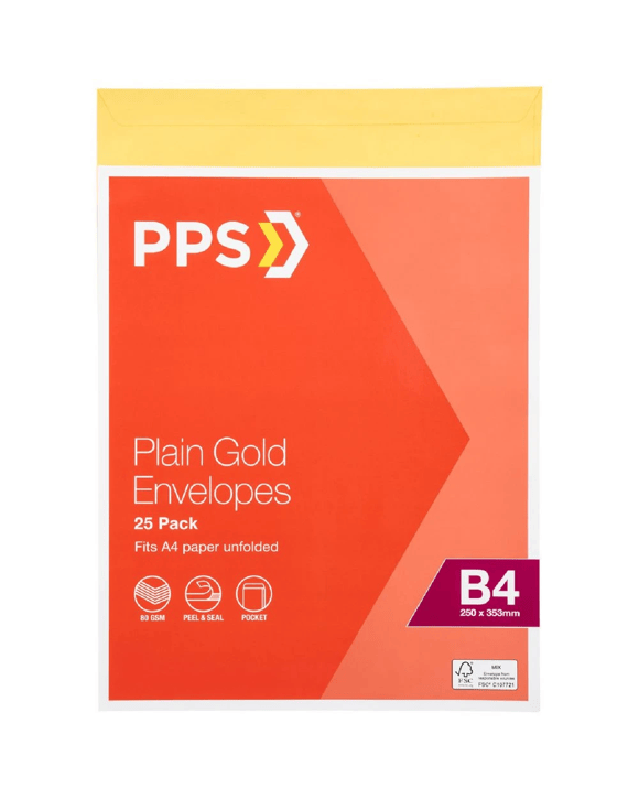 PPS B4 Plain Faced Envelopes Gold 25 Pack