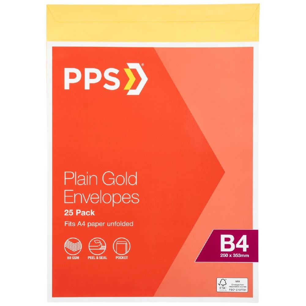 1 PPS B4 Plain Faced Envelopes Gold 25 Pack, 1 of 5