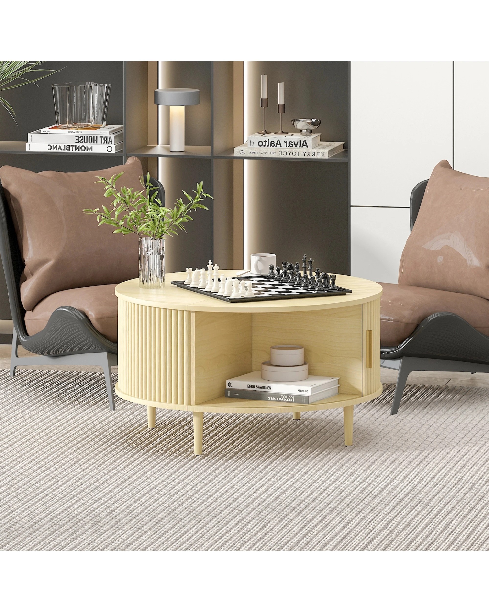 4 Advwin 80cm Round Coffee Table Fluted Center Table w/ Sliding Door Cabinet Side Table w/ Hidden Storage & Shelf, 4 of 8