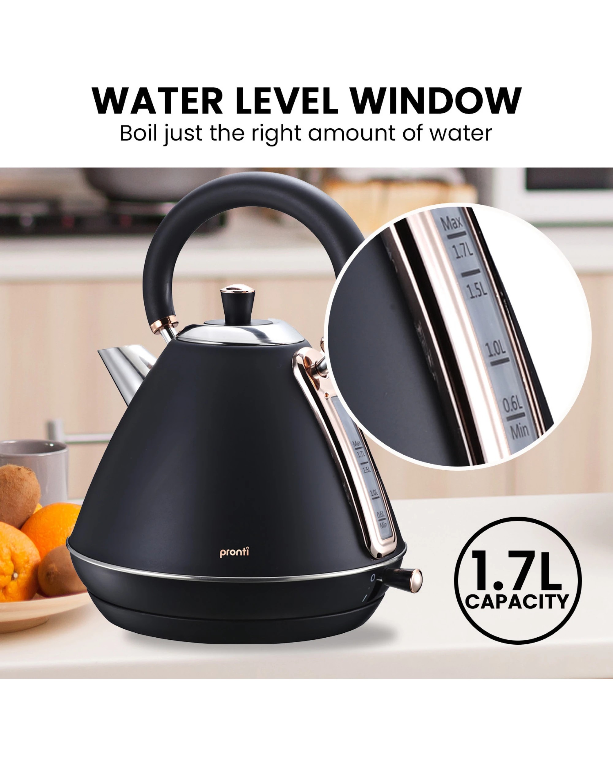 7 Pronti 1.7l Rose Trim Collection Kettle - Black, 7 of 10