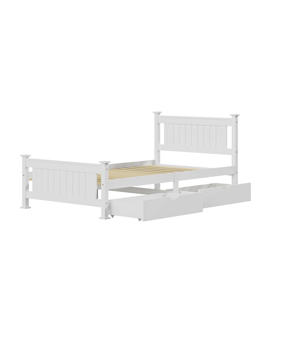 Oikiture Solid Pine Wood Bed Frame with 2 Trundle Drawers King Single - White