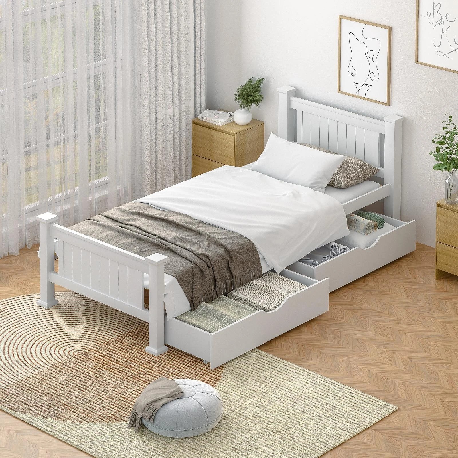 Oikiture Solid Pine Wood Bed Frame with 2 Trundle Drawers King Single ...