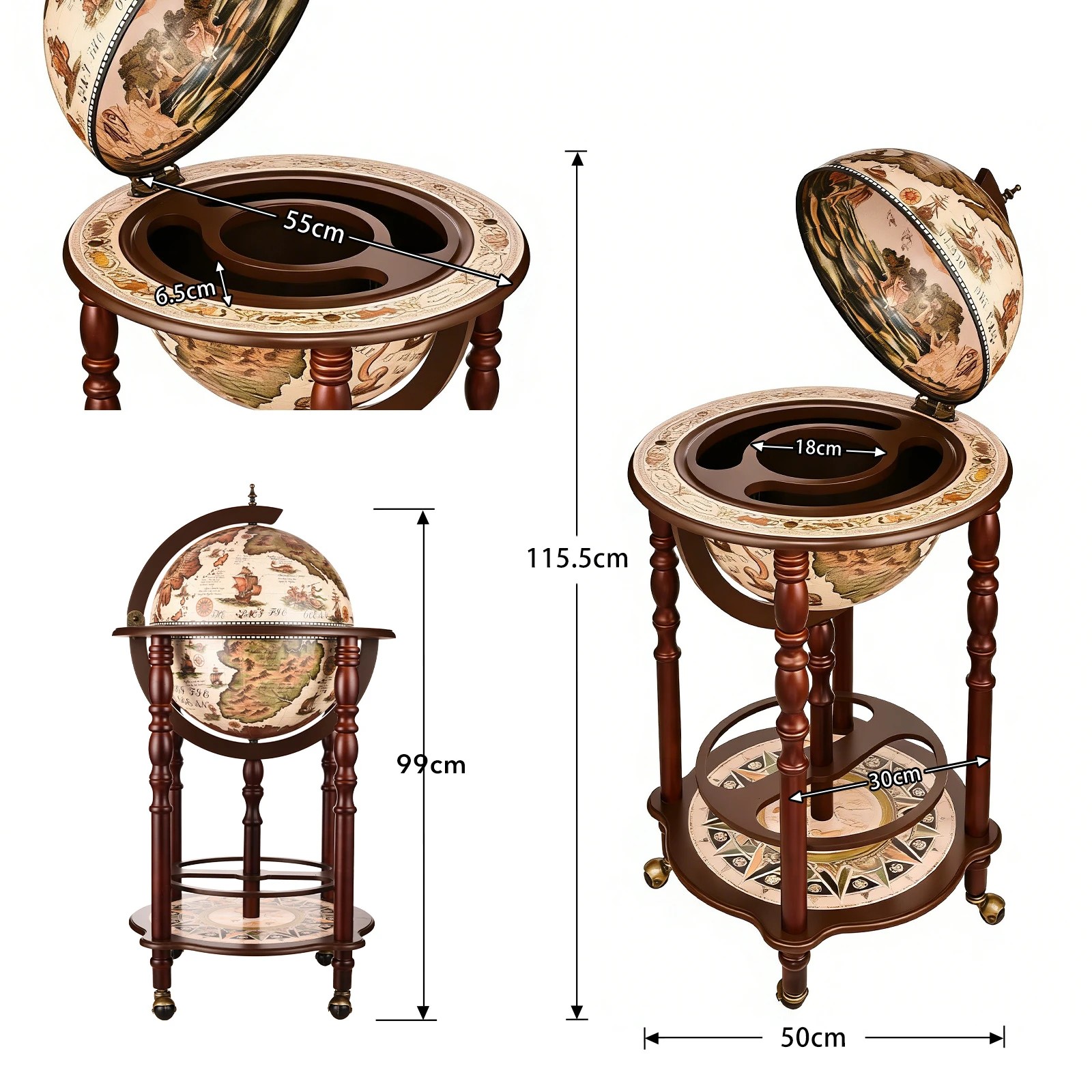 4 LUXSUITE Globe Bar Wine Cabinet Rack Drinks Cart Liquor Trolley Mid Century Antique Alcohol Glass Bottle Storage Serving, 4 of 7