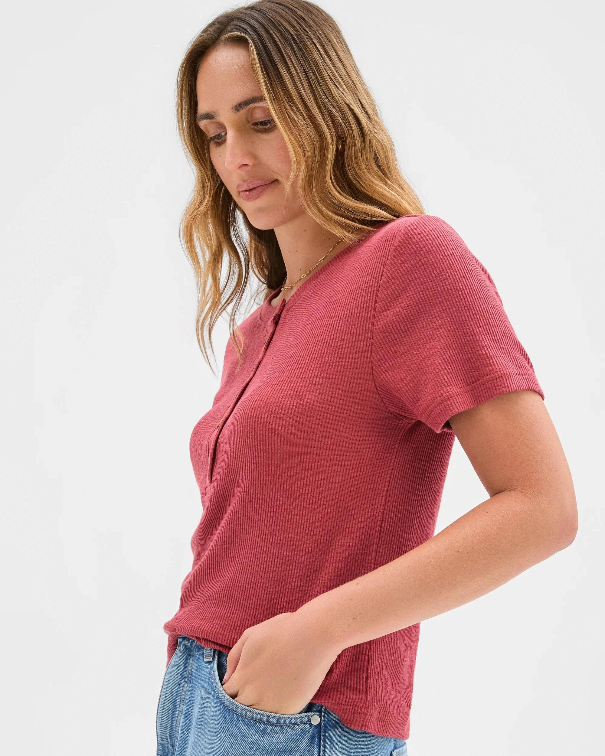 2 Target Woman Australian Cotton Blend Textured Rib Henley T-Shirt EARTH RED, 2 of 5