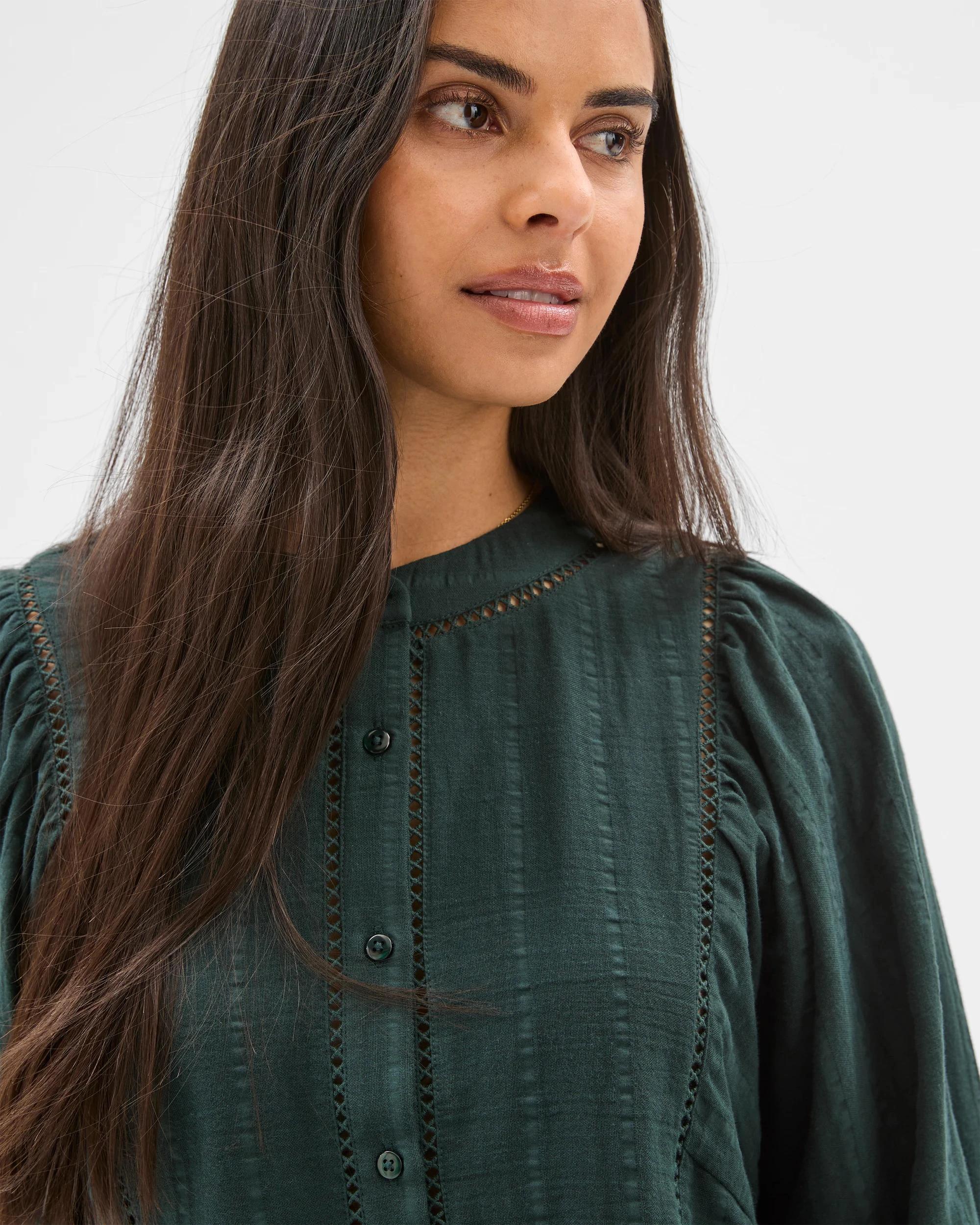 3 Target Woman Double Cloth Long Puff Sleeve Lace Trim Shirt MIDNIGHT JADE, 3 of 7