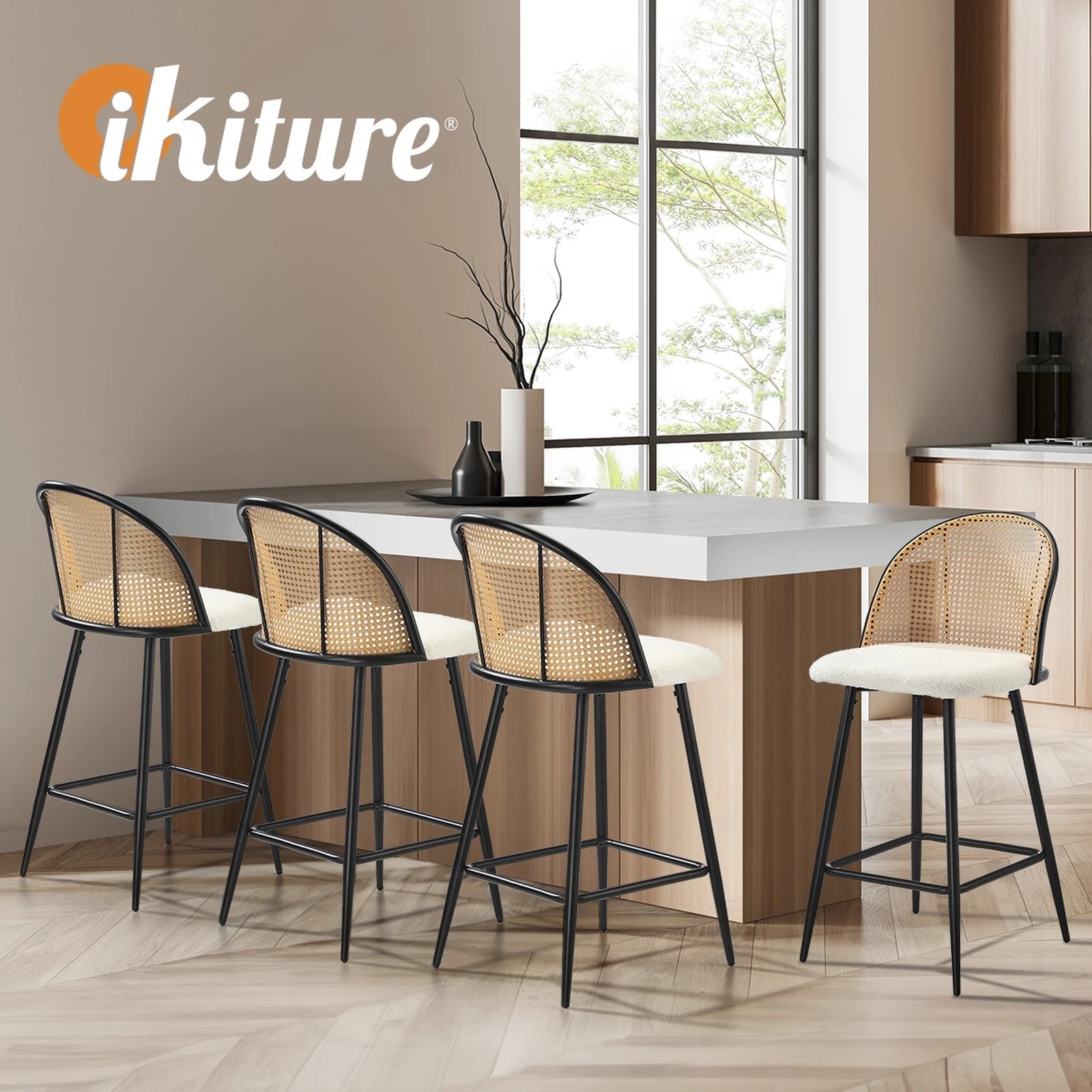 5 Oikiture Bar Stools Kitchen Counter Stool Rattan Dining Chair Boucle Fabric X2
 - White, 5 of 9