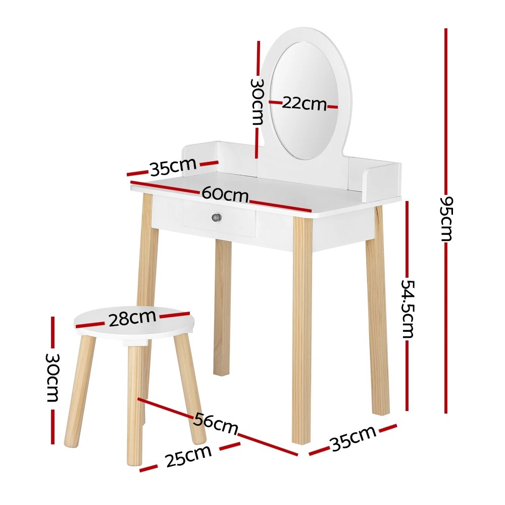 3 Keezi Kids Dressing Table Chair Set Wooden Leg Vanity Makeup Drawer Mirror - White, 3 of 5