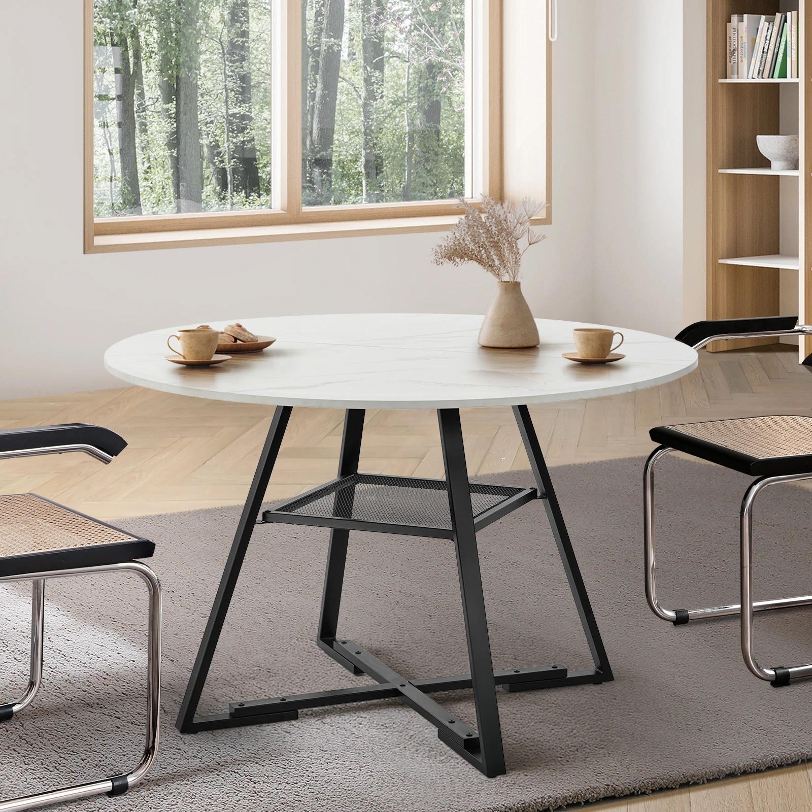 2 Oikiture 112cm Round Dining Table Marble-like Wooden Kitchen Furniture Black& - White, 2 of 9