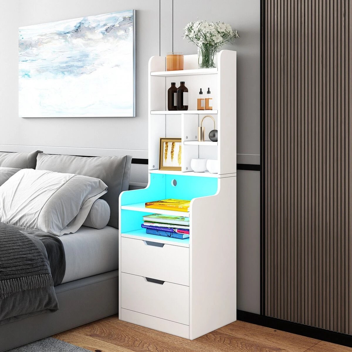 3 LUXSUITE 2IN1 Beside Table Bookshelf LED Nightstand 2 Drawer, 3 of 8