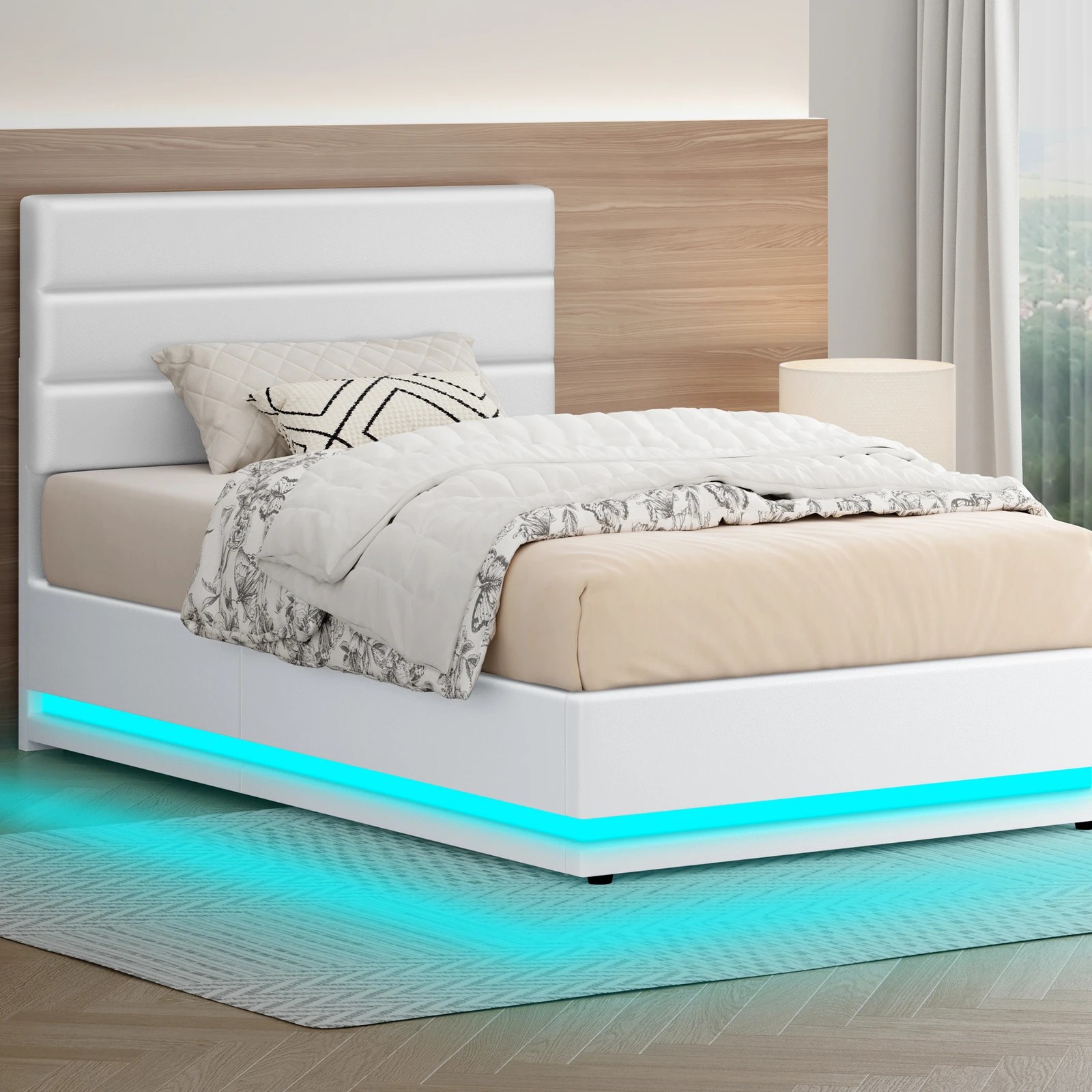 2 Alfordson Bed Frame Single Size Platform RGB LED Gas Lift Base Storage - White, 2 of 10
