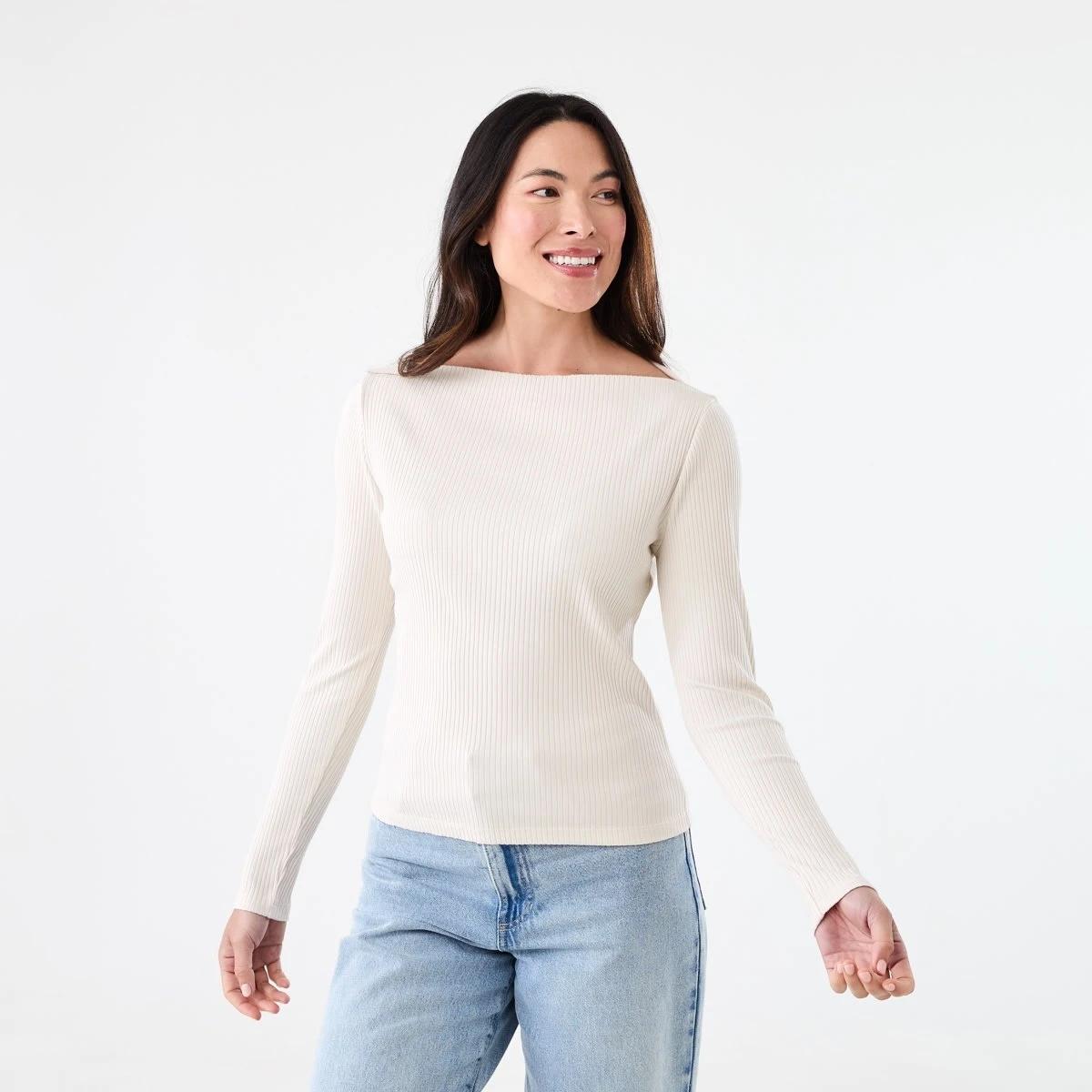 1 Long Sleeve Rib Boat Neck Top Nat Beige, 1 of 5