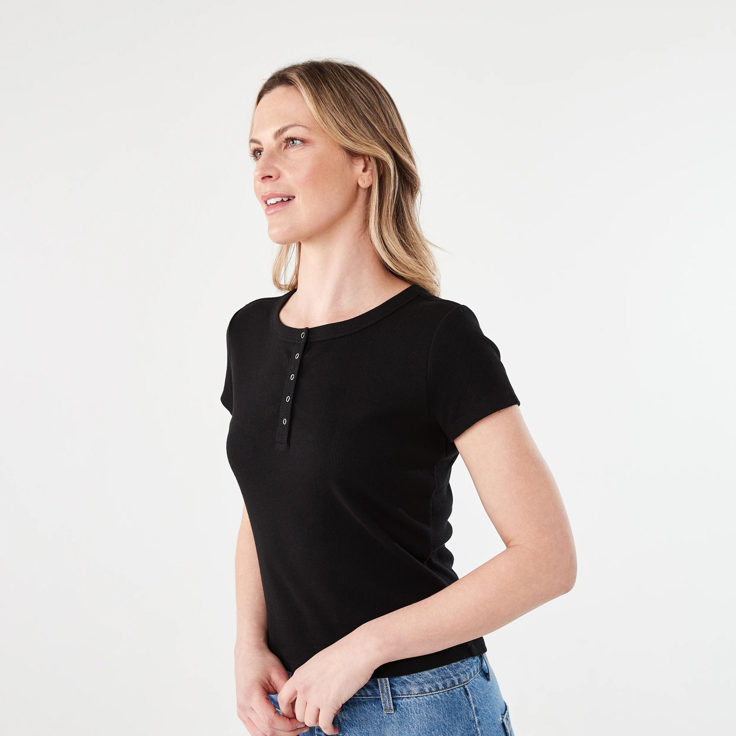 2 Short Sleeve Rib Henley T-shirt BLACK, 2 of 5