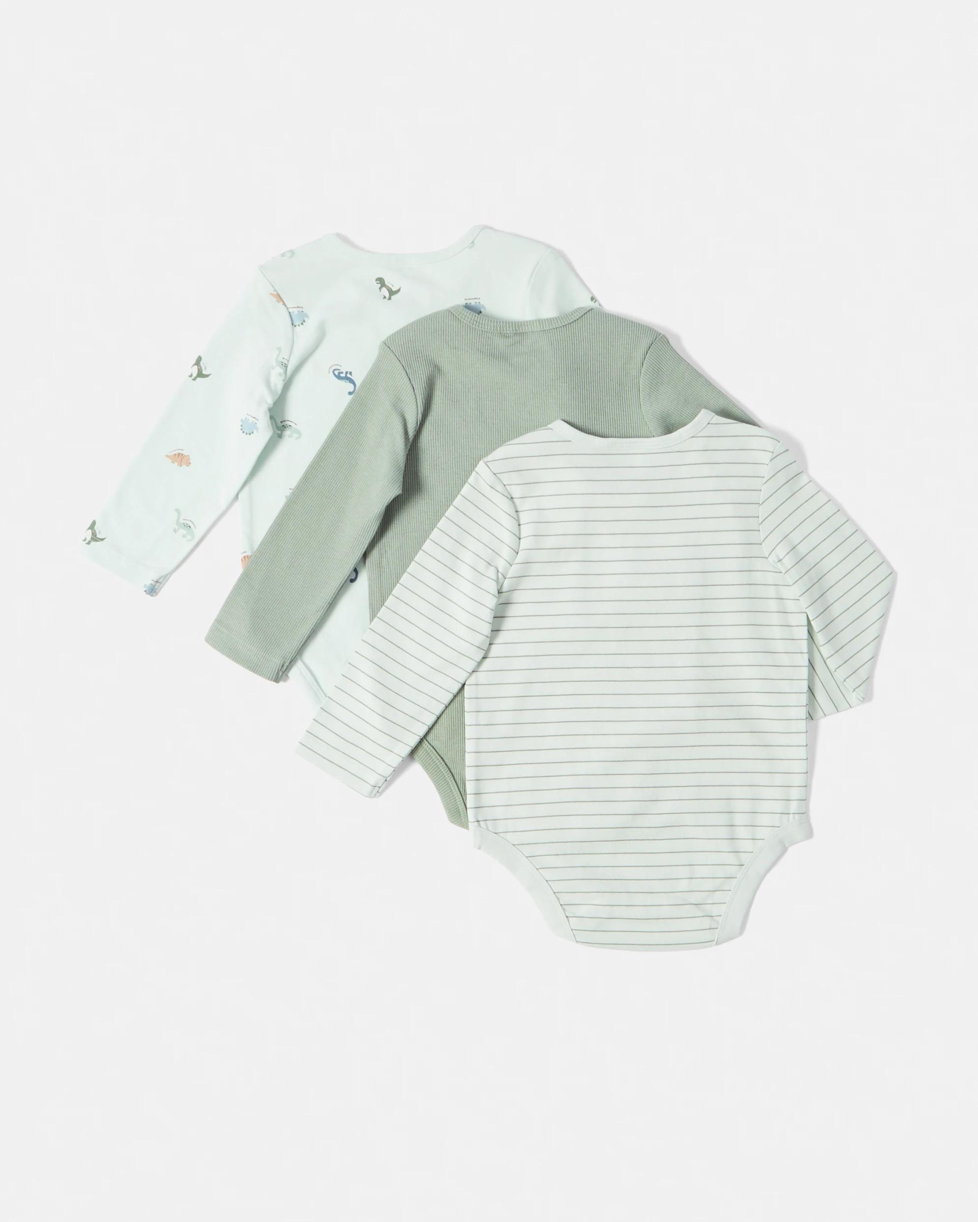 2 3 Pack Cotton Long Sleeve Bodysuits Grn Dino, 2 of 8