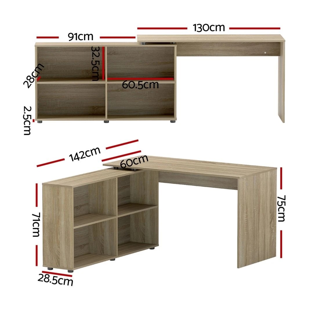 2 Artiss Computer Desk Bookshelf Oak 130CM - Brown, 2 of 7