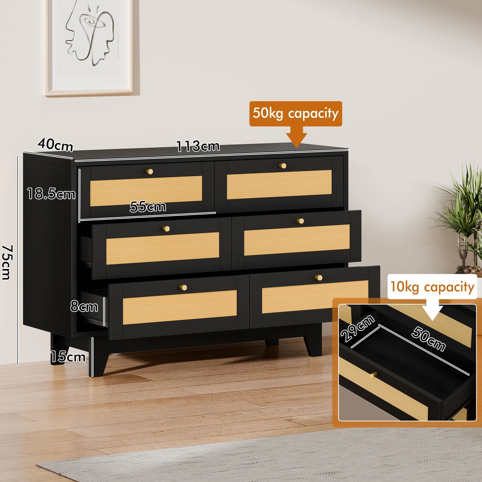 3 Alfordson 6 Chest of Drawers Rattan Storage Cabinet Dresser - Black, 3 of 10