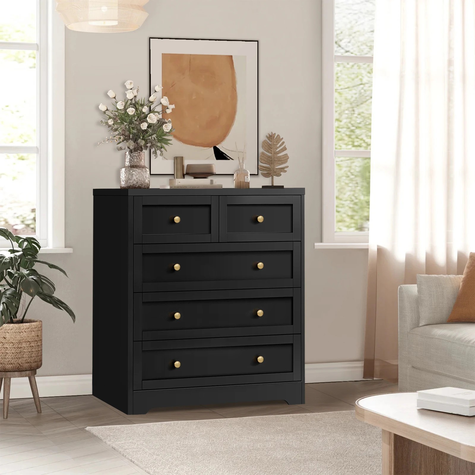 10 Alfordson 5 Chest of Drawers 2x Bedside Table Hamptons Bedroom Storage - Black, 10 of 10