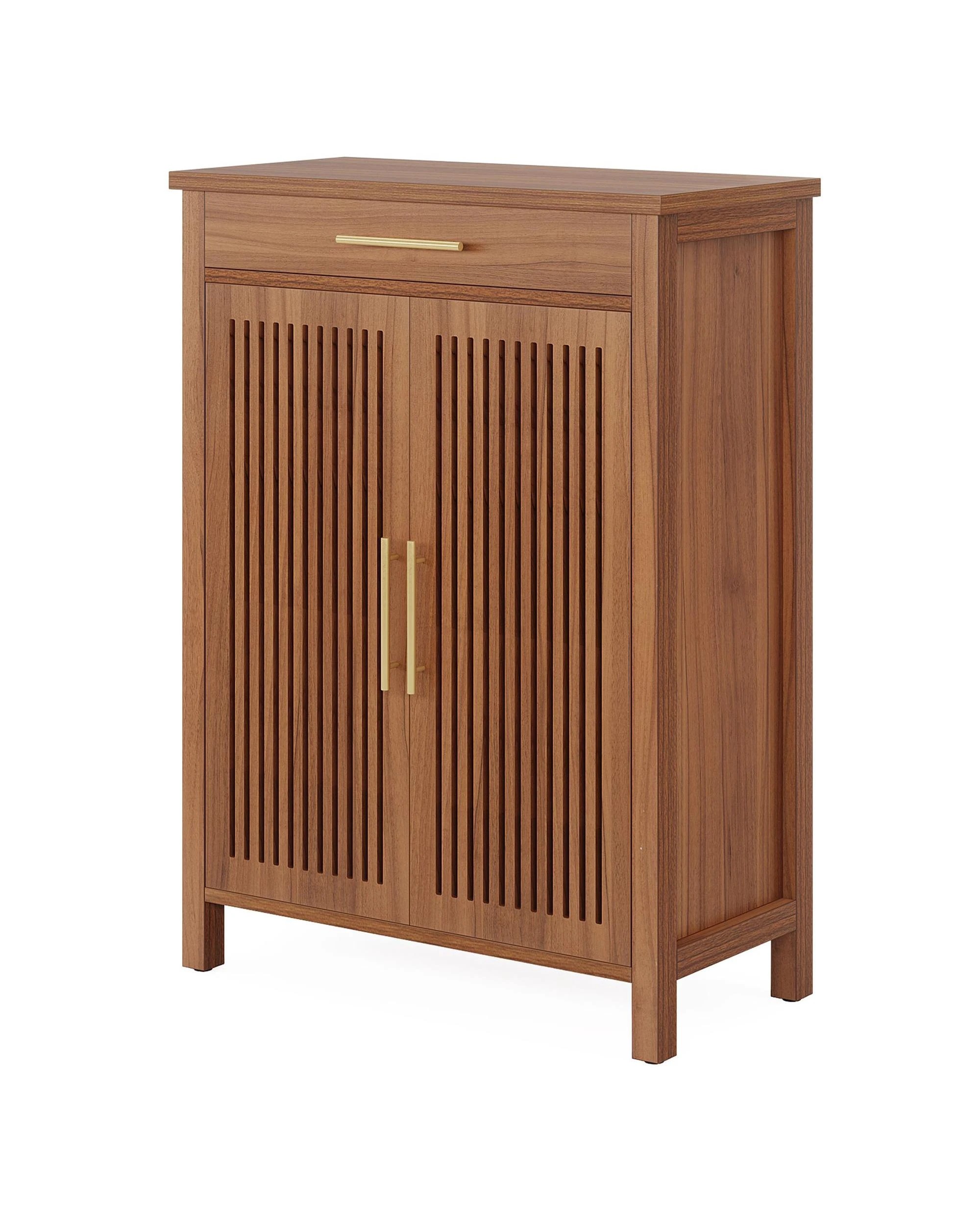 1 OAKORY 5-Tier Shoe Cabinet with Adjustable Shelves, Louvered Doors and Top Drawer in Rustic Brown, 1 of 5