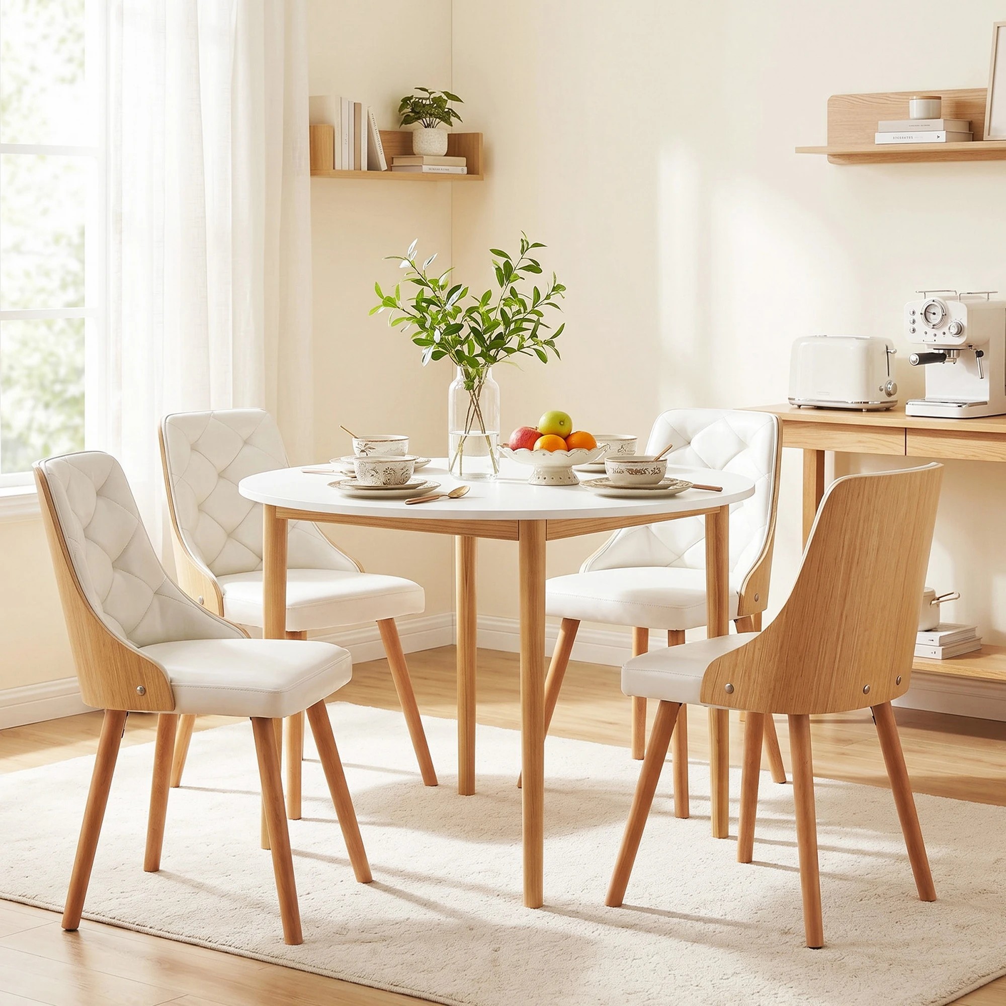 4 Artiss Dining Table and Chairs Set 5PCS Round 4 PU Leather Seater Dining Set - White, 4 of 8