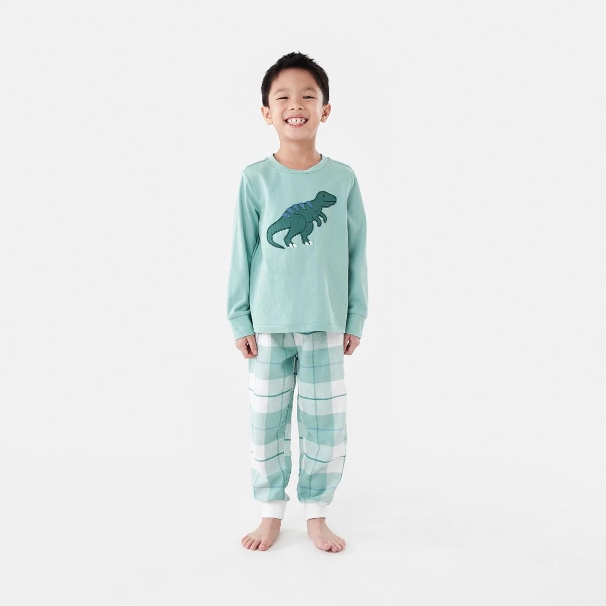 1 Knit Flannel Pyjama Set Grn Dino, 1 of 9