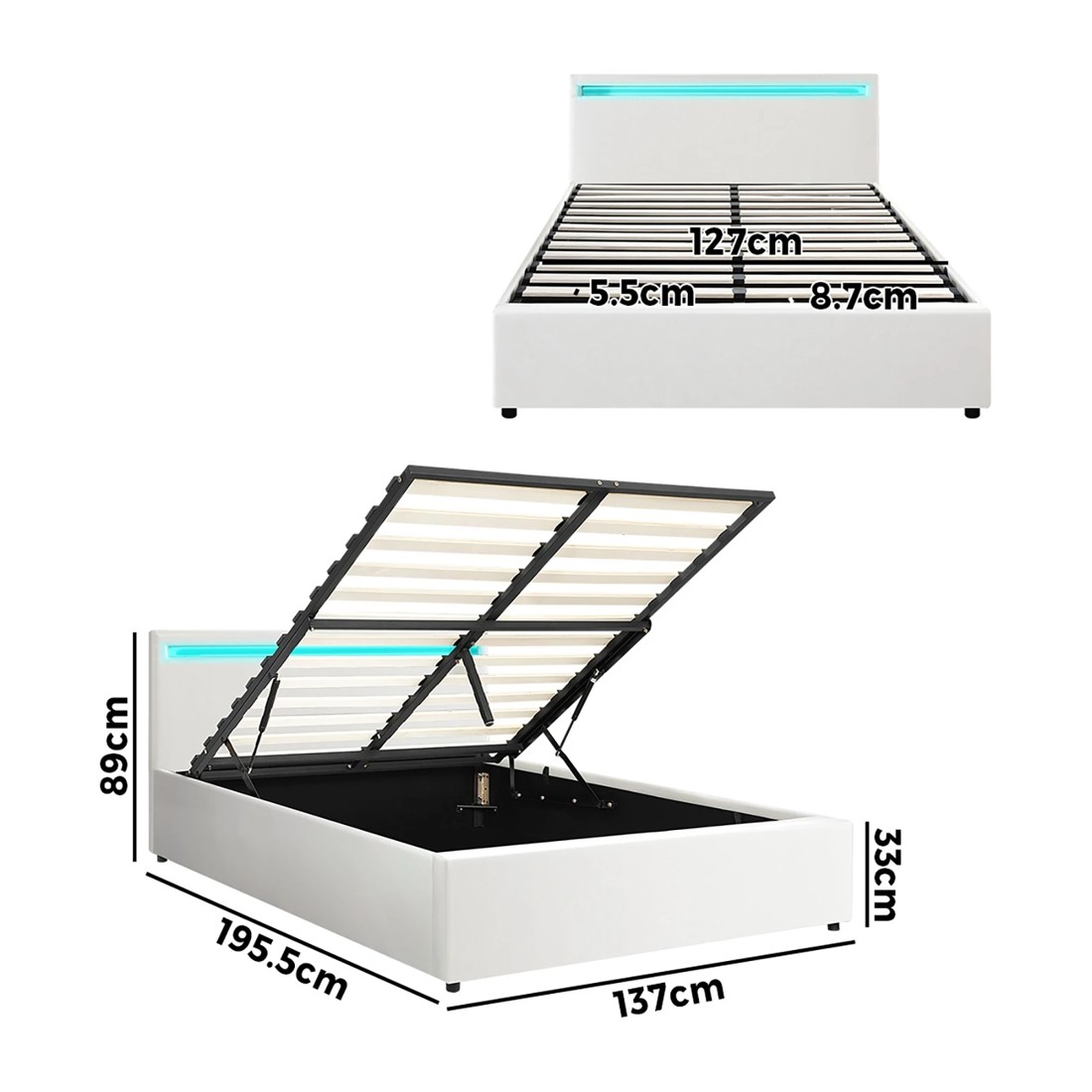 10 Oikiture Double Rgb Led Bed Frame Gas Lift Beds With Storage Base
 - White, 10 of 10