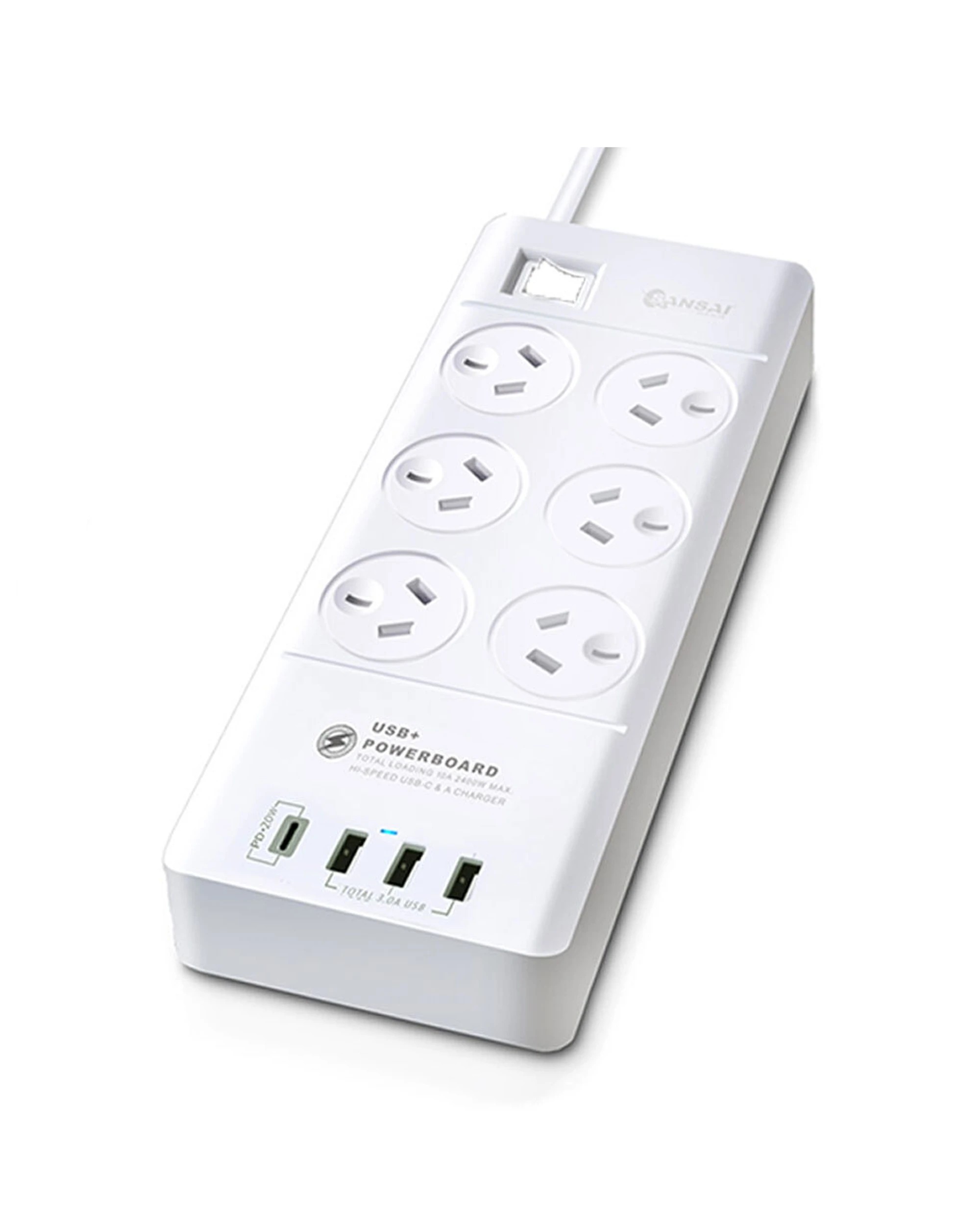 1 Sansai 6 Way Outlet 2400W Surge Protector Power Board USB-A USB-C Charger Ports - White, 1 of 5