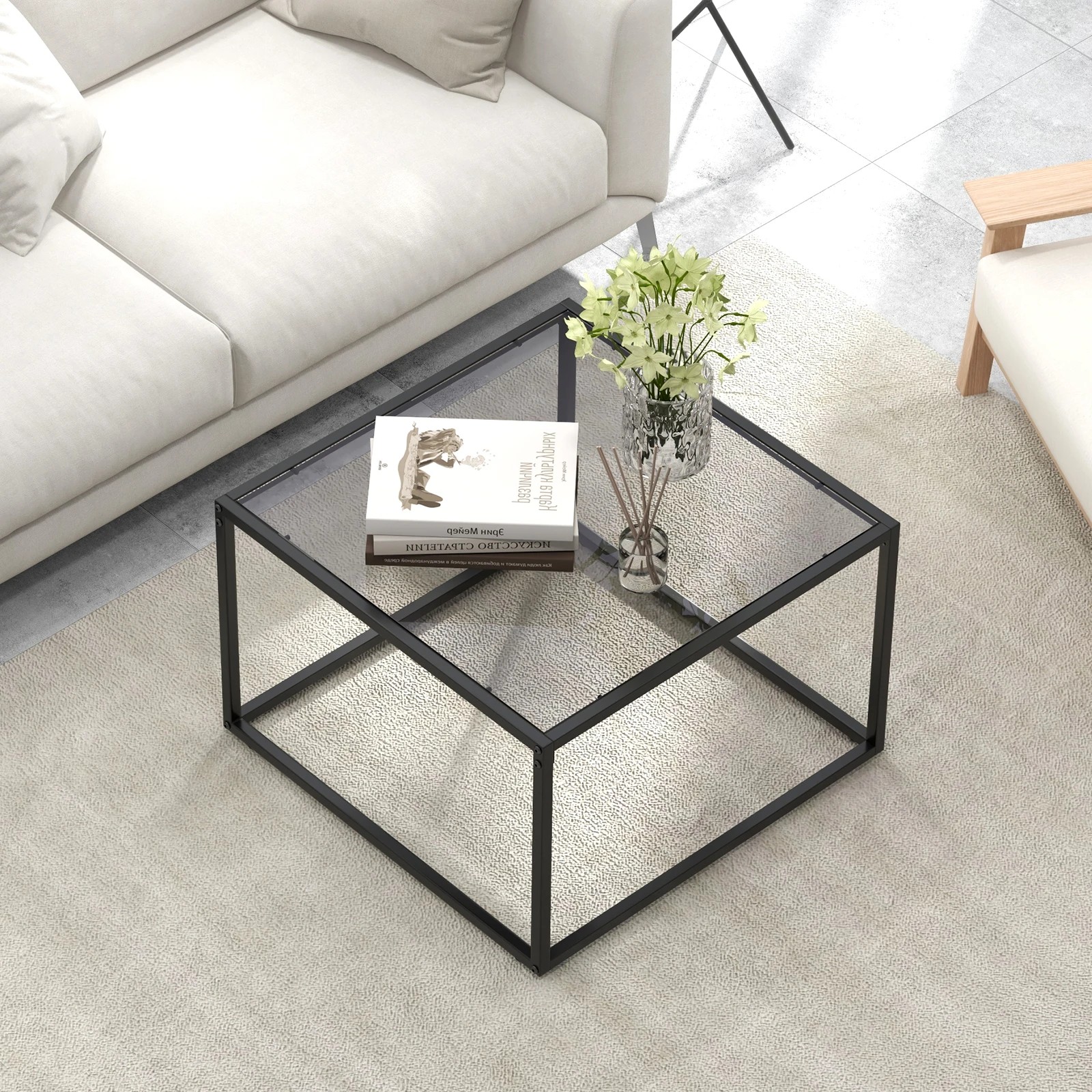 3 Costway 2-Tier Coffee Table Square Side Table Glass Tabletop, 3 of 4