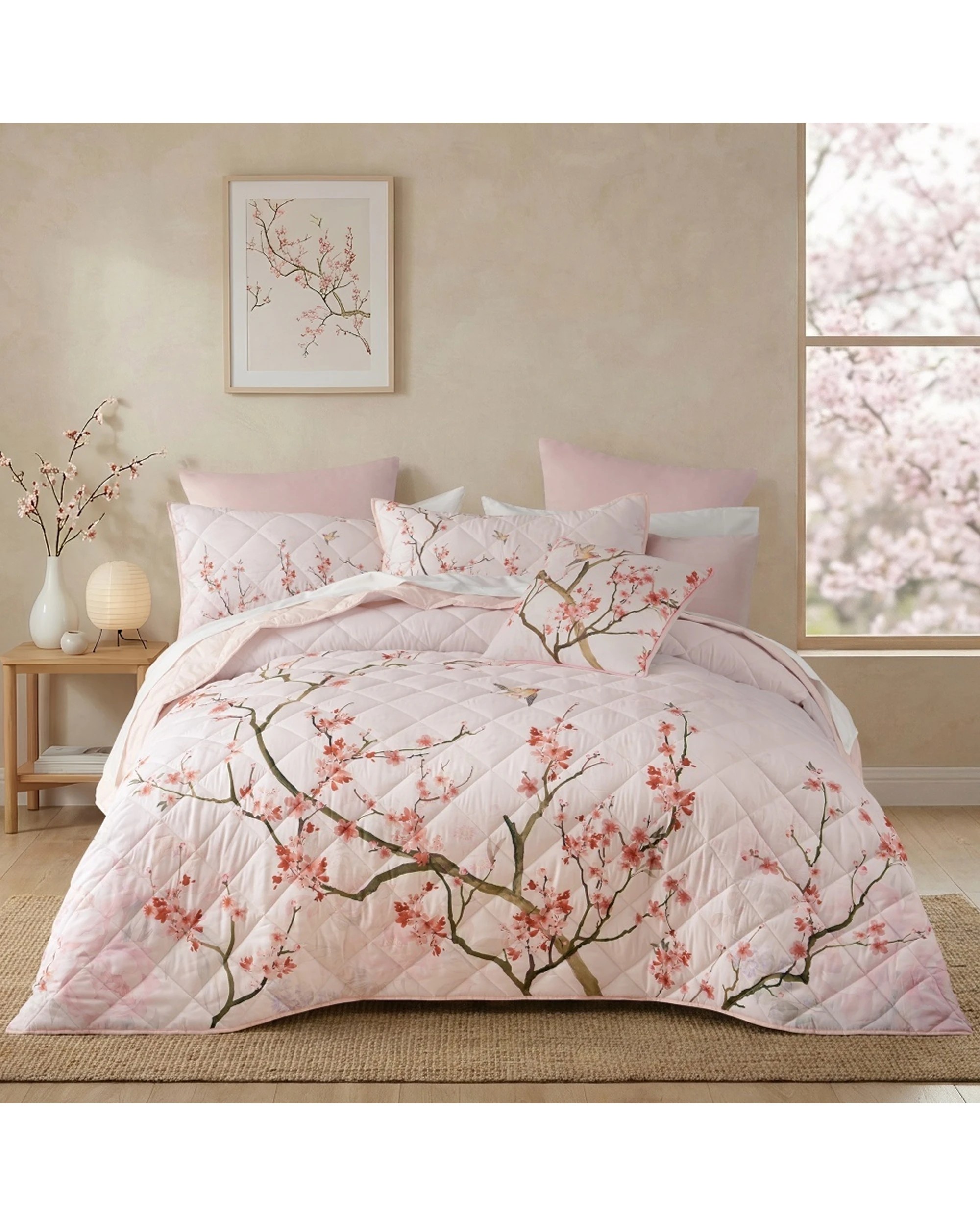 1 Bianca Evelyn Blush Cherry Blossom Bedspread Set Quilted - Double Bed - Pink, 1 of 4