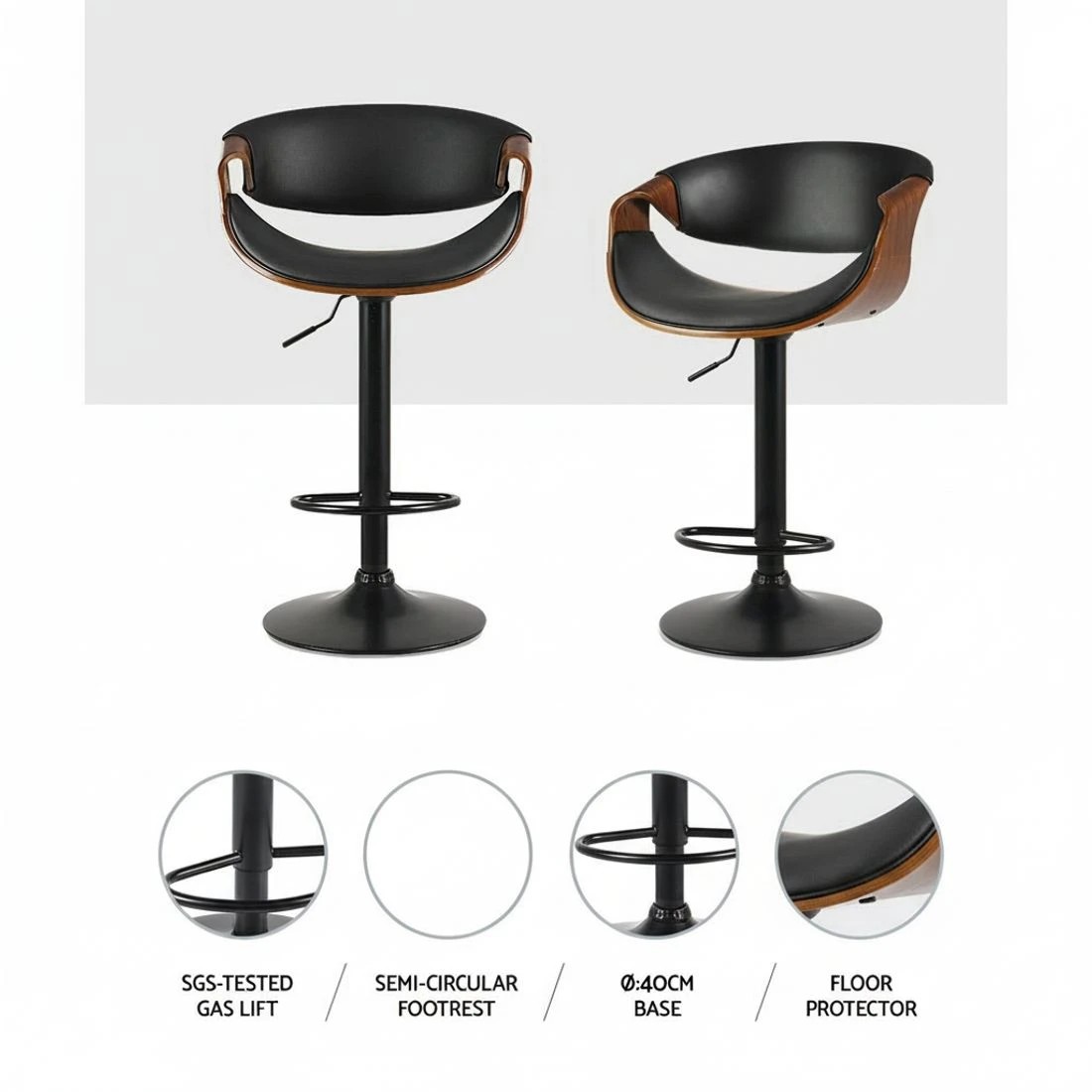 3 Artiss 2x Bar Stools Gas Lift Leather w/Armrest - Black, 3 of 5