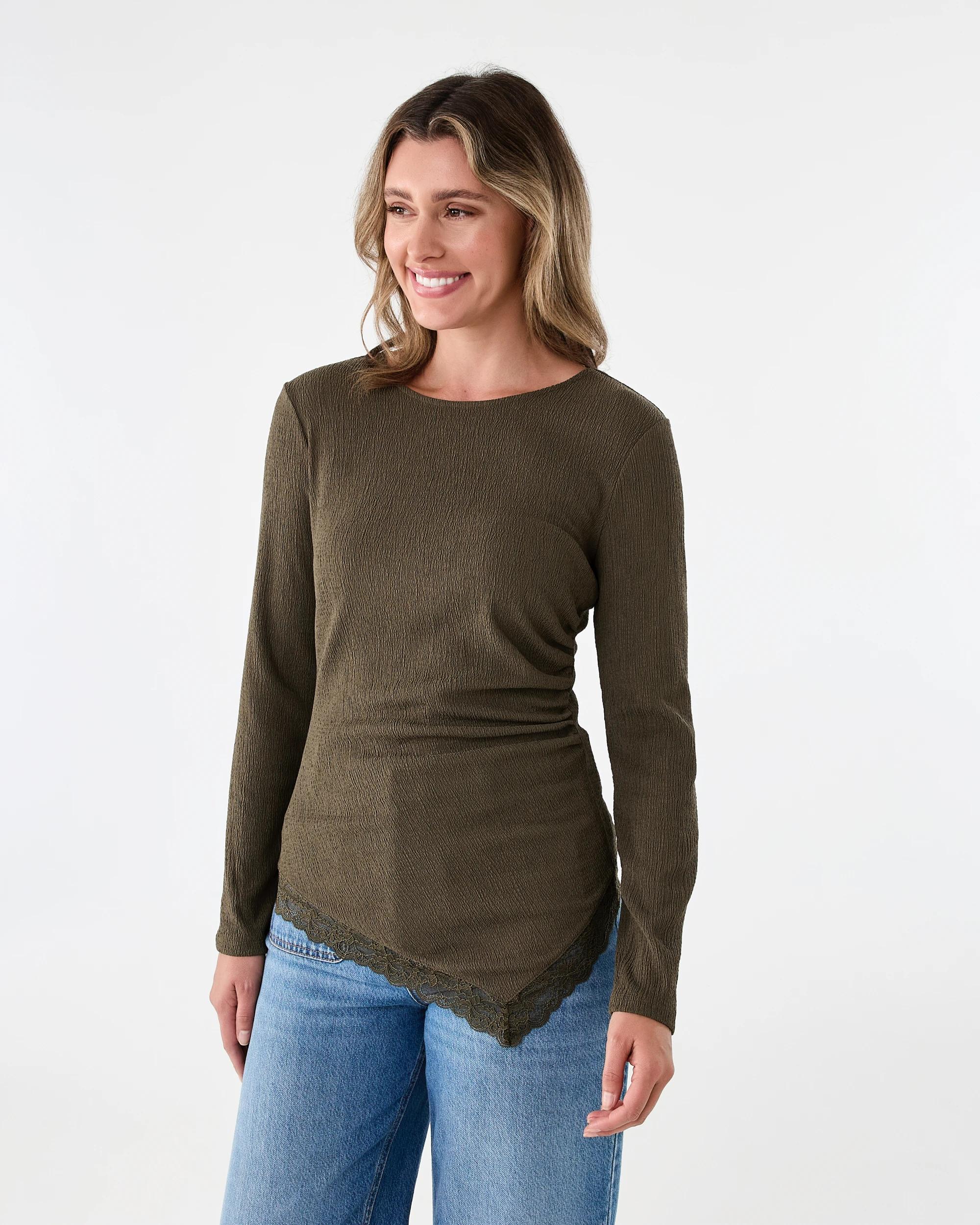 1 Long Sleeve Asymmetrical Lace Trim Top Deep Olive, 1 of 7