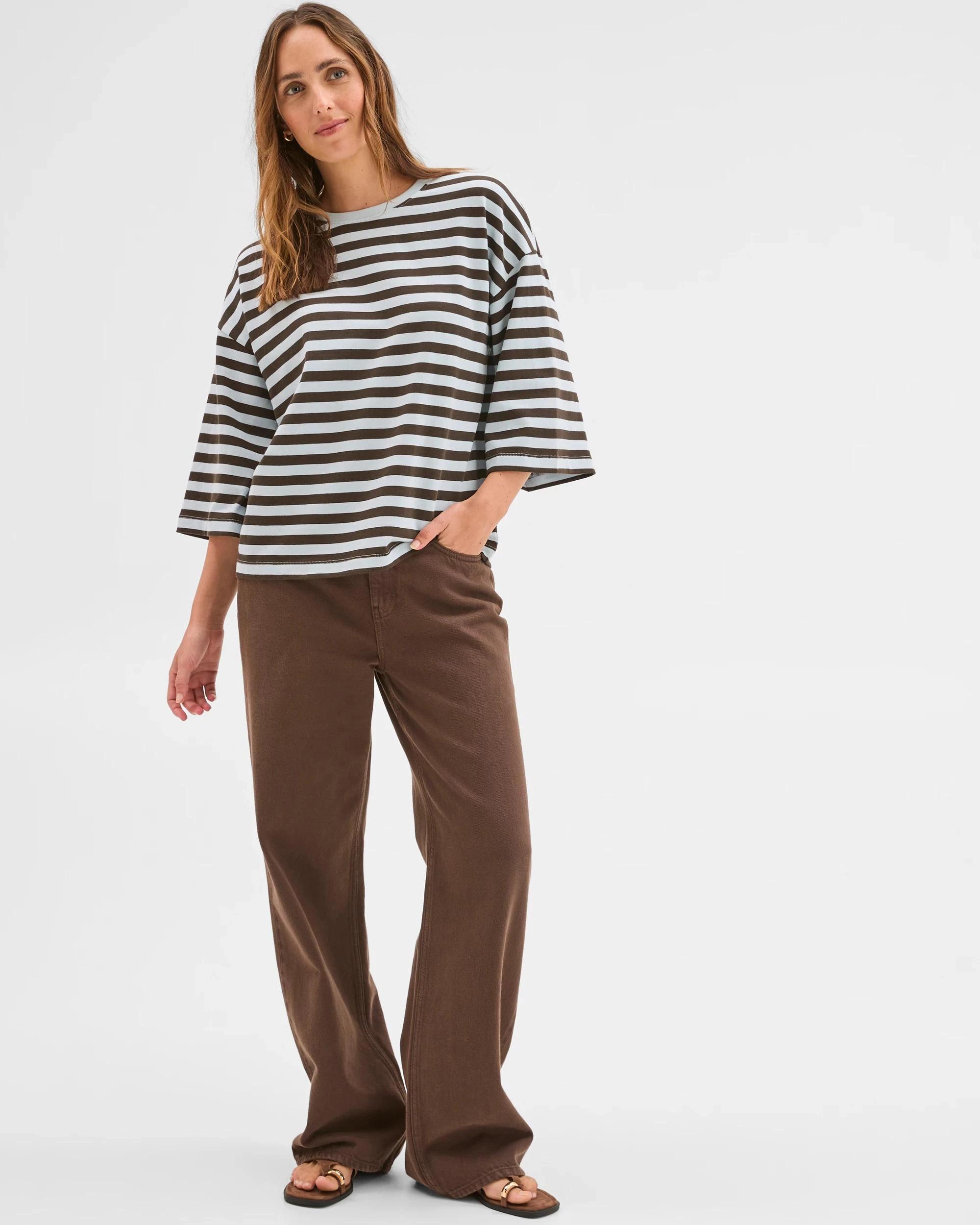 3 Target Woman Australian Cotton 3/4 Length Wide Sleeve Boxy T-Shirt BLACK COFFEE/BLUE MIST, 3 of 6