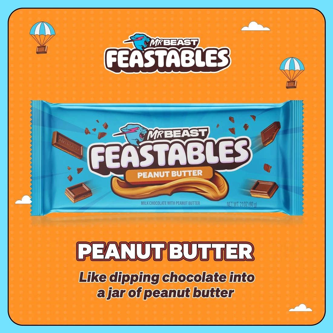 6 MrBeast Feastables Peanut Butter Milk Chocolate Bar 60g, 6 of 8