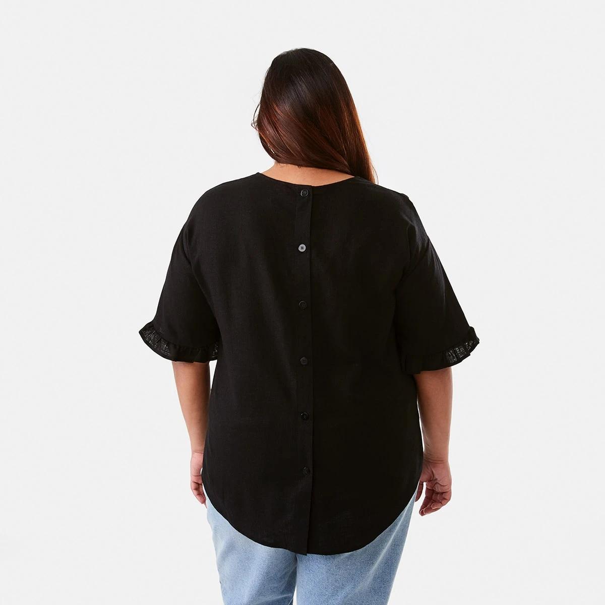 3 Curve Short Sleeve Button Back Top Black, 3 of 7