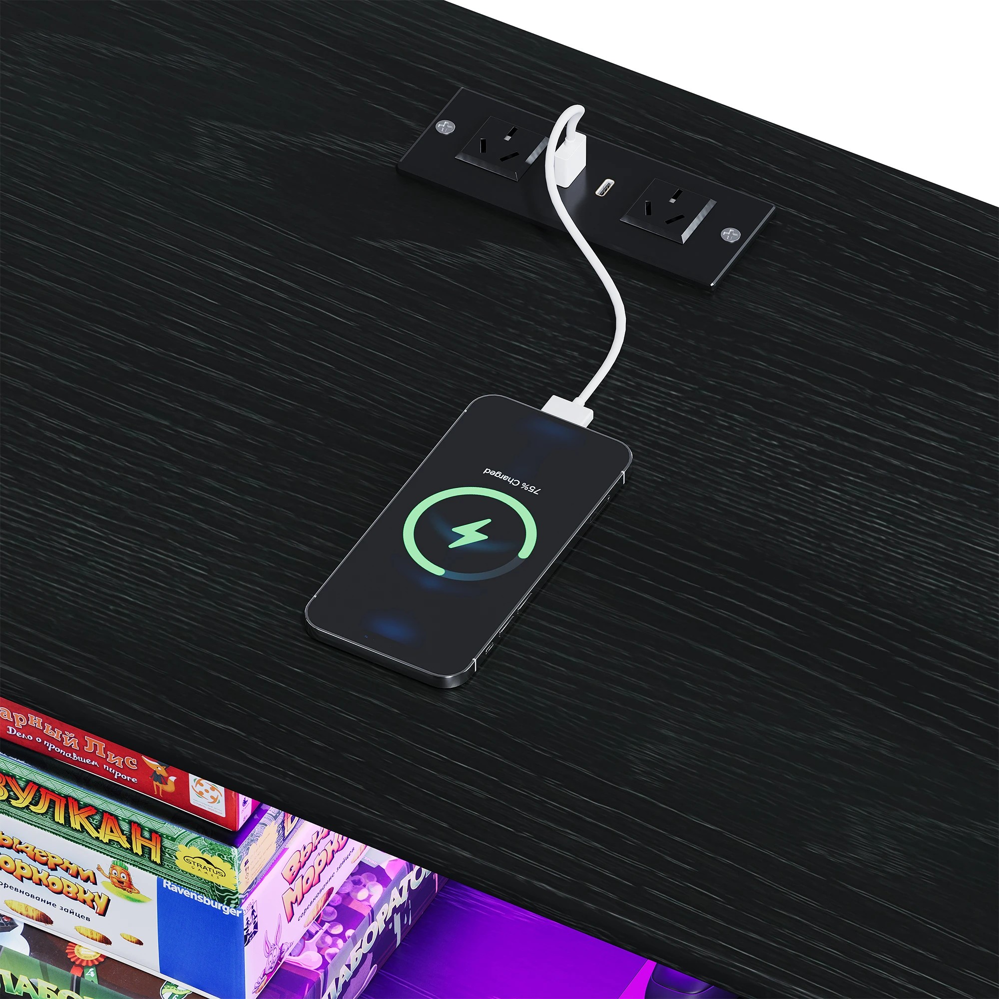5 Advwin 185cm TV Stand with Bookshelf Power Outlet & LED Lights for 32-55 inch TV - Black, 5 of 7