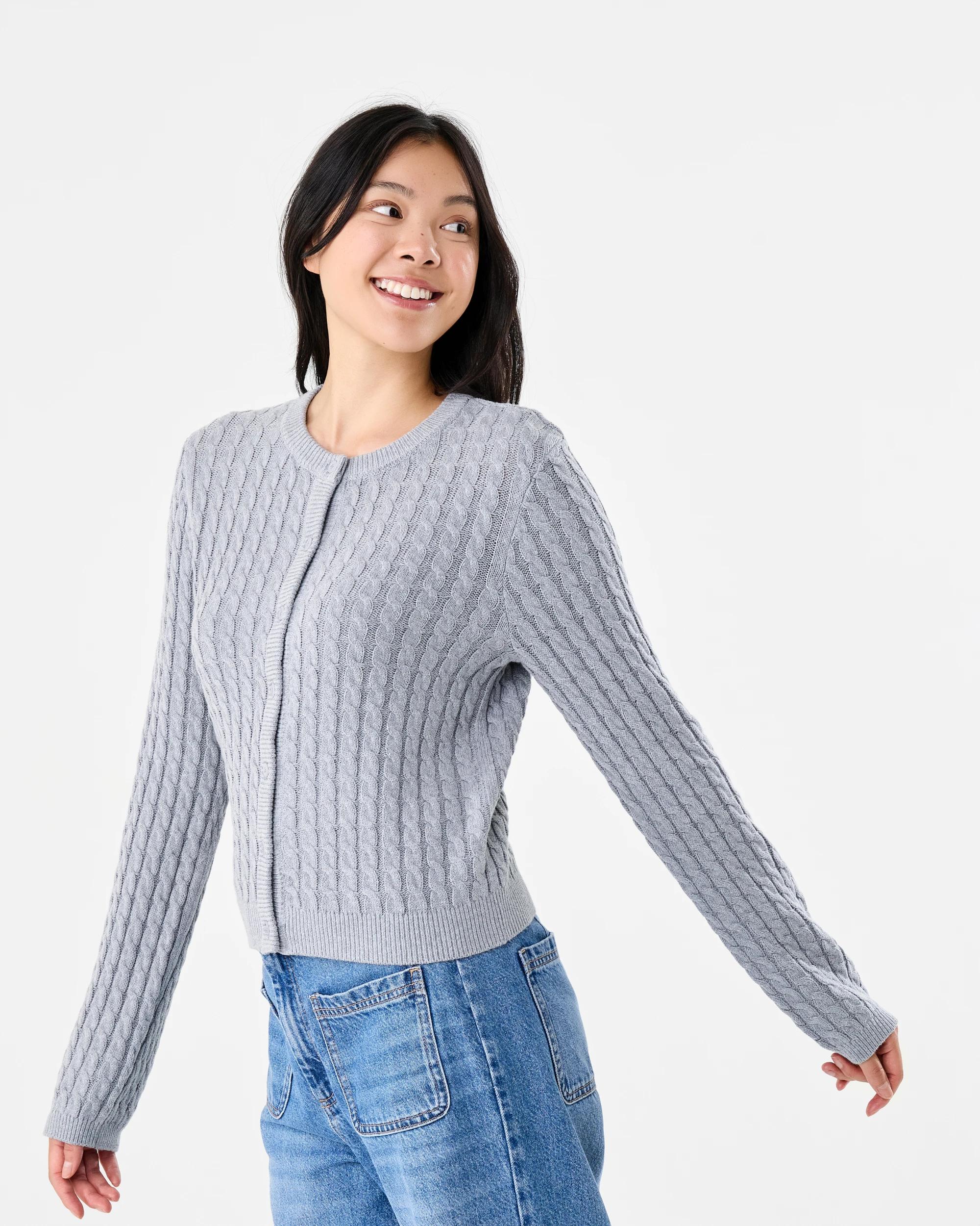 2 Long Sleeve Lightweight Cable Cardigan Grey Marle, 2 of 7